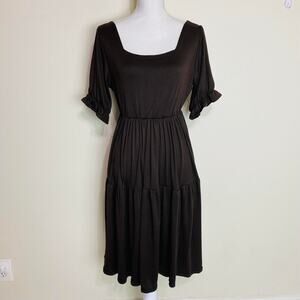 Puff Sleeve Square Neck Long Dress for Women, Fits Small to Medium,Brown